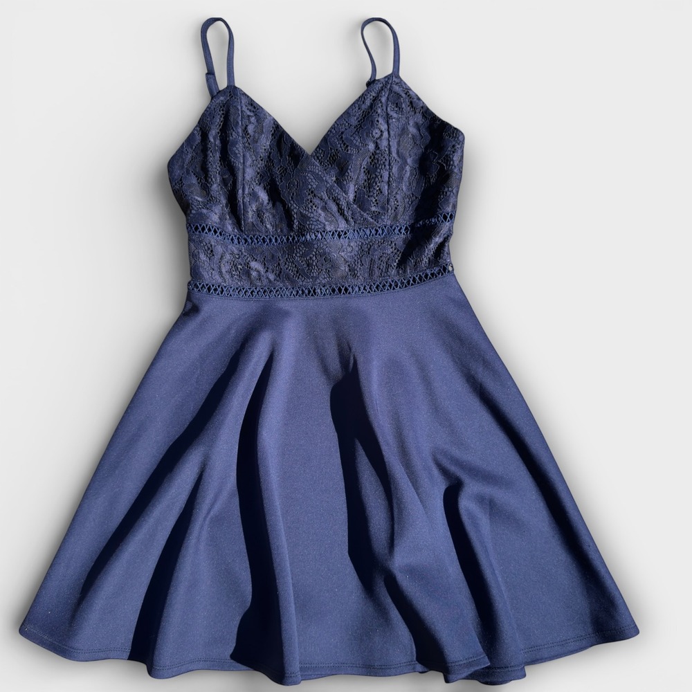 Francesca's Blue Rain Navy Lace Fit Flare Dress XS Skater Prom Party‎ Date Night
